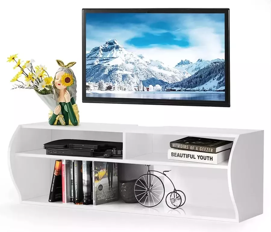 Topquality TOPQUATLITY Wand Gemonteerde TV-standaard Zwevende Media Audio Video Console met kabel gat voor DVD-speler Spel opslag Zwevende houten tv-kast geschikt voor entertainment woonkamer slaapkamer (Wit)