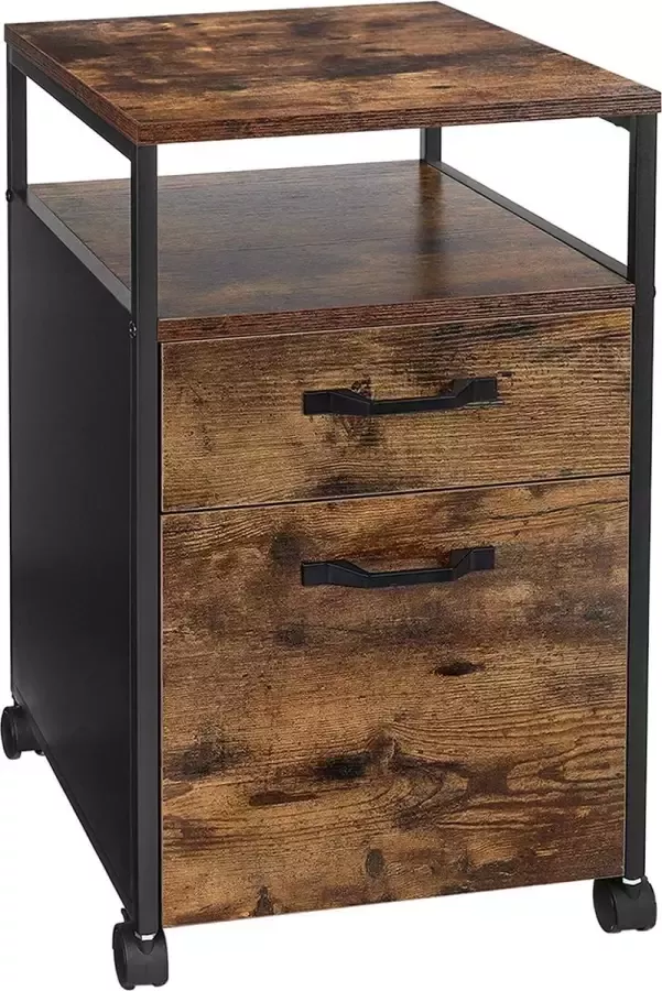 Unbranded VASASAGLE Bestekkast met 2 laden verrijdbare kantoorkast verrijdbaar onderstel open compartiment hangdossier stabiel stalen frame industrieel ontwerp vintage bruin-zwart OFC71X
