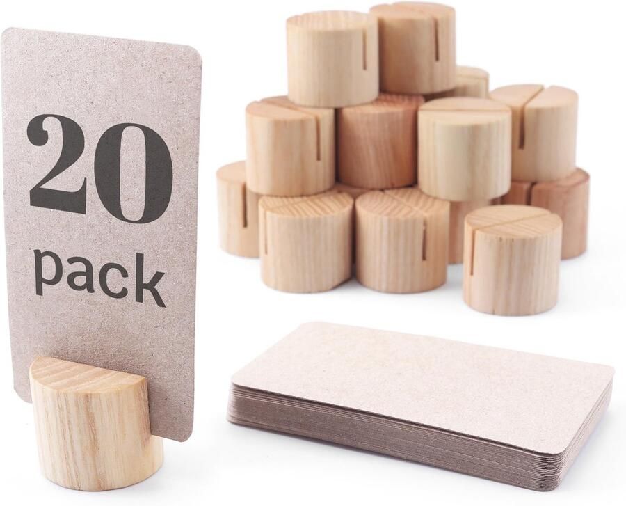 TOROS STORE Mini houten tafelnummerhouder met 25 kraftpapier plaatskaarten plaatskaarthouder naamkaarthouder voor tafels houten foto- en bordhouder lichtbeige 20 stuks