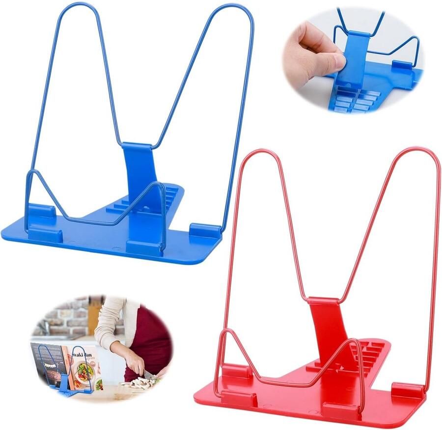Tovbmup Boekenplank leesrek 2-pack Hoekverstelbare boekenplank Draagbare kookboekhouder Boekensteunen geschikt voor kinderen Geweldig om te lezen keuken bibliotheek en kantoor Rood en blauw
