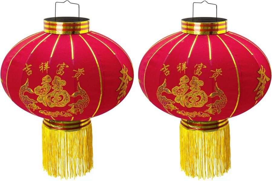 Trango Set van 2 LT400-02 Chinese Lantaarn *LUCK* Hanglamp 45cm Ø Gemaakt van stof met geluksteken voor binnen en buiten I Rode Lantaarn I Gelukslantaarn I Chinese Nieuwjaarslantaarn Rode Lantaarn Lamp Bruiloft Lantaarn Feestlantaarn
