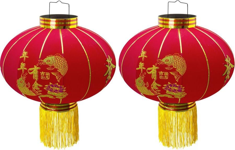 Trango Set van 2 LT500-02 Chinese Lantaarn *HAPPY* Hanglamp 50cm Ø gemaakt van stof met Gouden Vis voor Binnen en Buiten I Rode Lantaarn I Geluk Lantaarn I Chinese Nieuwjaar Lantaarn Rode Lantaarn Lamp Bruiloft Lantaarn Partij Lantaarn