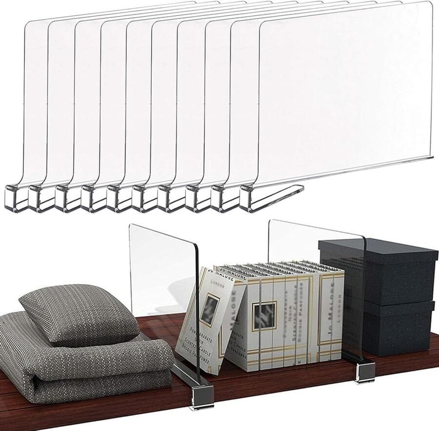 Allecto Plus Transparante Acryl Plankafdeler 10 Stuks Verstelbare Indeler voor Kledingkast Kantoor Badkamer Slaapkamer 30 x 20cm