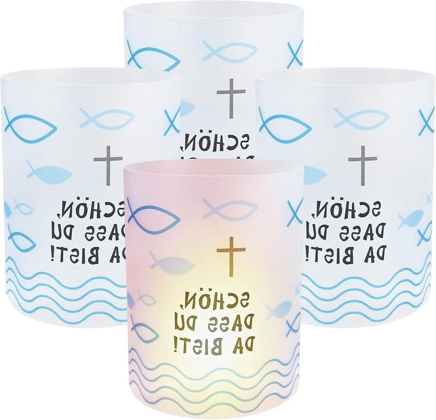 JGS Premium 12 stuks blauwe windlicht mini tafellampen voor jongens en meisjes Tafeldecoratie vis motief Ideaal voor communie vormsel en doopvieringen Ca. 80 x 100 cm