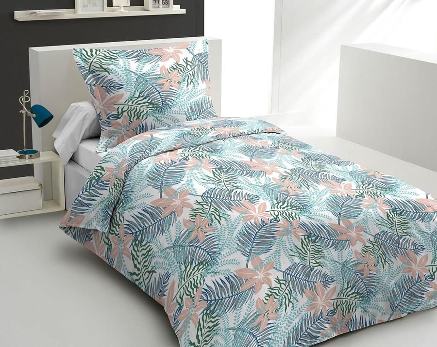 Trankielo – 2-Delig Beddengoedset 100% Katoen 57 Draden cm² Voor Eenpersoonsbed 140 x 200 cm Amazonas Motief Koraalblauwe Kleur