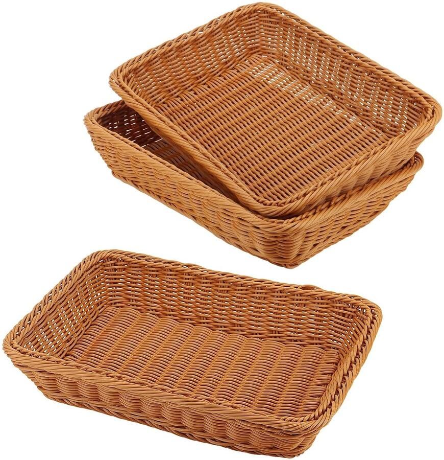 Trankielo 3 Stuks Rechthoekige Poly Rieten Mand Duurzaam Imitatie Rotan 35 x 25 x 7 5 cm Perfect voor Keuken en Tafels