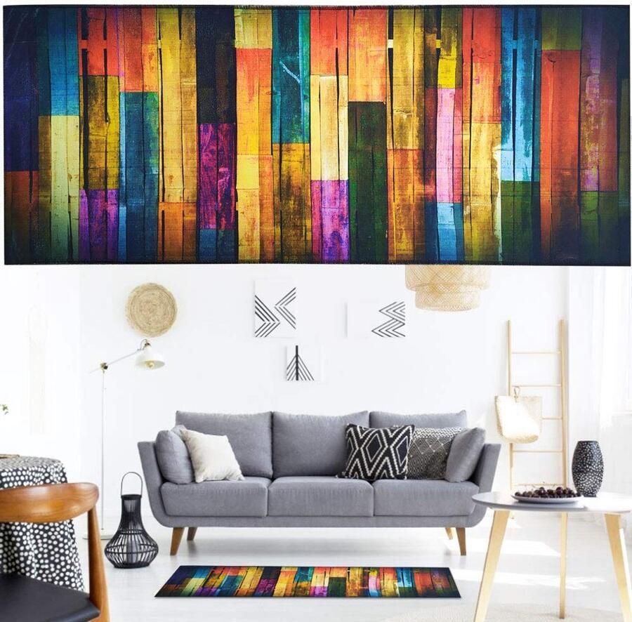 Trankielo Badmat Antislip Katoen Hallo Runner Keukenkleed Absorberend Badkleed Boho Vloerbescherming Slaapkamer Gang Buitenkleed (40 x 100 cm Gestreept Hout in Kleurrijk Patroon)