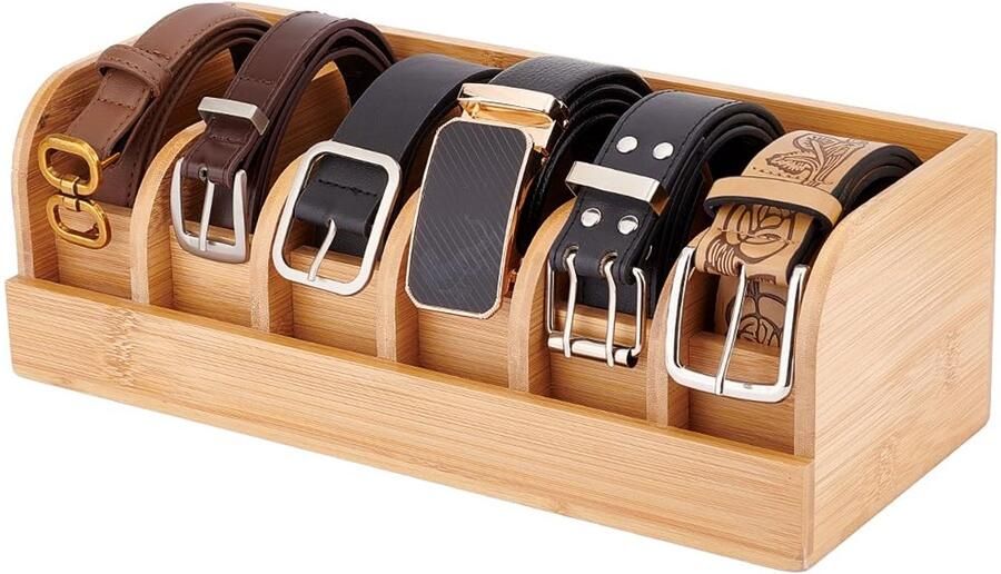 Trankielo Bamboe Riem Organizer Box met 6 Verdelers Stijlvolle Houten Vitrine voor Mannen en Vrouwen Riemen Veelzijdige Opbergruimte voor Muur Kast Tafelblad en Lade