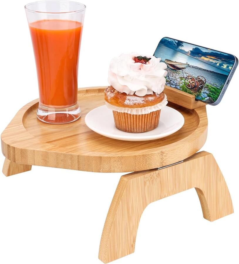 Trankielo – Bamboe Sofa Armleuning Tray met Roterende Mobiel Houder – Multifunctionele Bank Caddy voor Eten Drinken en Opslag