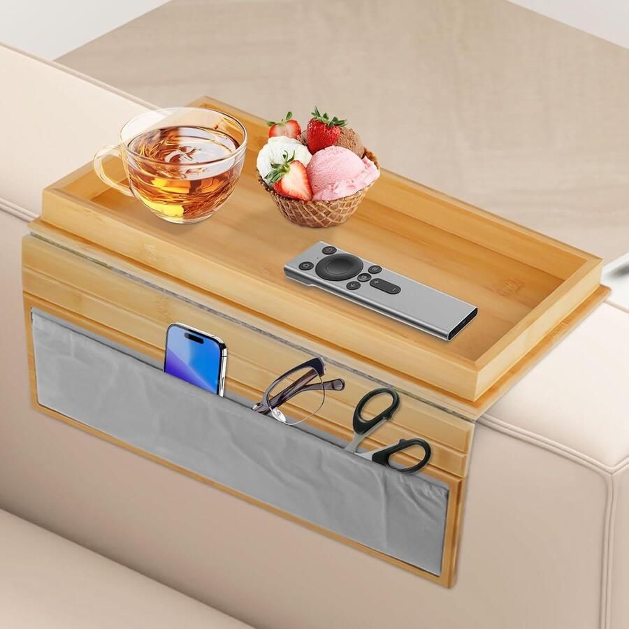 Trankielo Bamboe Sofa Dienblad met Opbergtas – Armleuning Bescherming – Opvouwbaar Ontwerp – Geschikt voor de meeste Banken en Stoelen