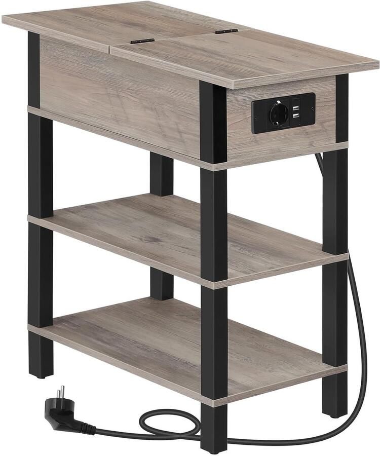 Trankielo Bijzettafel – Flip-Top Design met Laadstation – Multifunctioneel Nachtkastje – Ruimtebesparend – Greige & Zwart