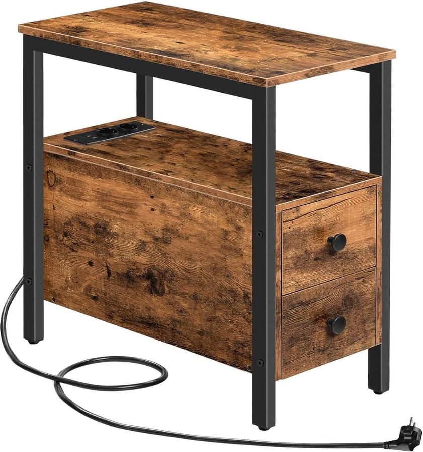 Trankielo Bijzettafel met Laadstation – Donkerbruin Nachtkastje met 2 Laden – Salontafel met USB en Stopcontact