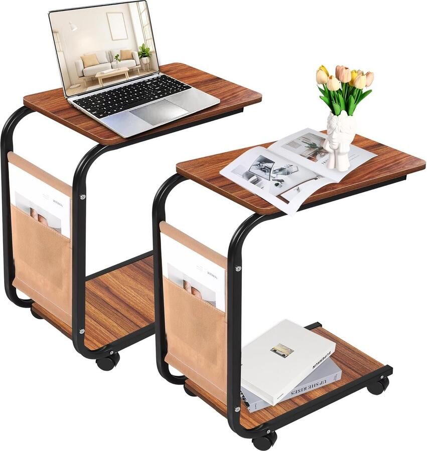 Trankielo C-vorm Bijzettafelset van 2 Stijlvolle Salontafel met Metaal Frame en Wieltjes voor Woonkamer Slaapkamer en Buiten