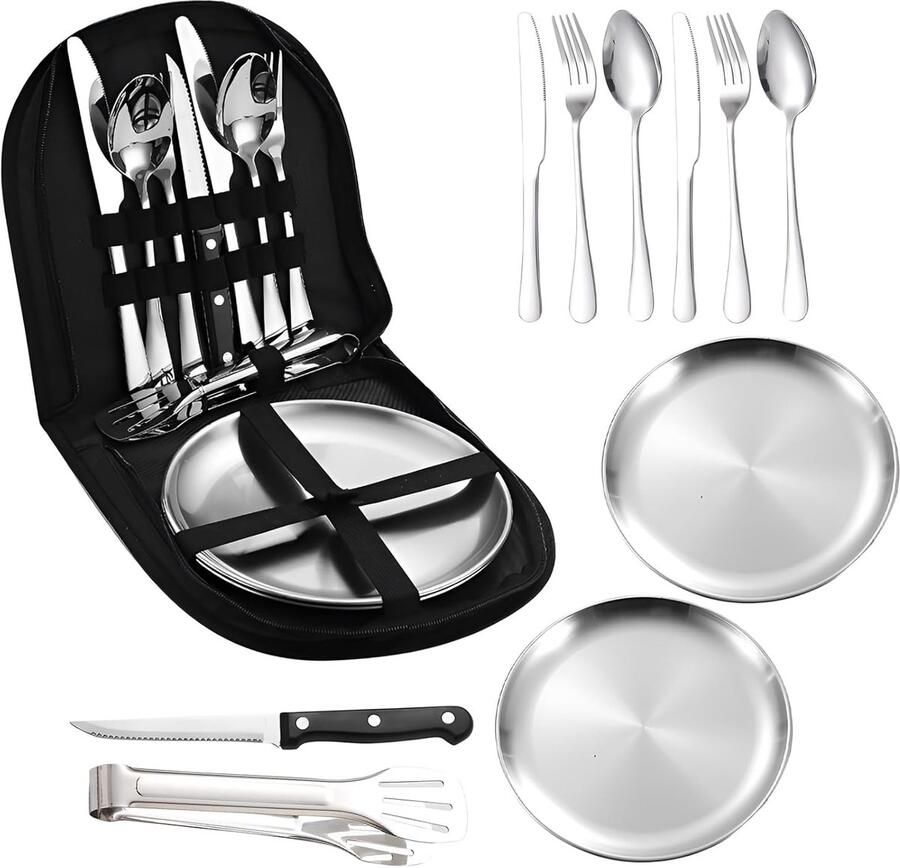 Trankielo Campingbestekset voor 2 personen 10-delige roestvrijstalen outdoor set Draagbaar en compact