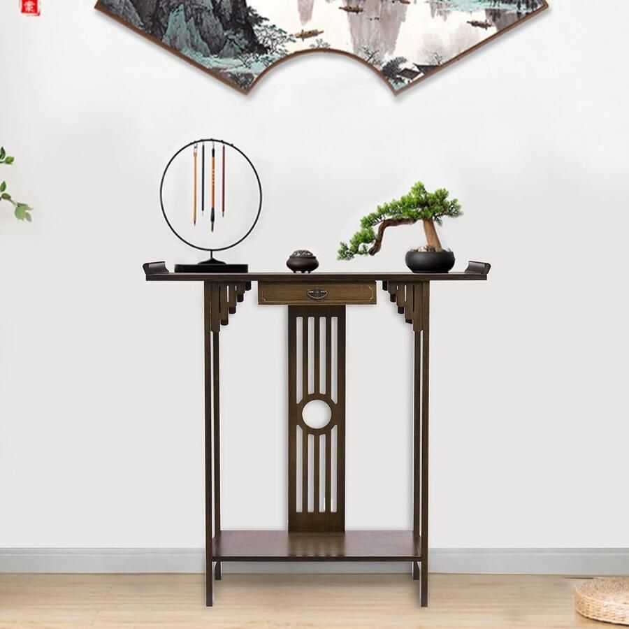 Trankielo Chique Consoletafel met Lade en Planken Accenttafel in Chinese Stijl voor Woonkamer en Entree 53 x 29 x 83 cm