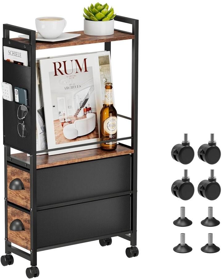 Trankielo Compacte Bijzettafel met Opbergruimte – Multifunctioneel – Verrijdbaar – Stijlvol Design – Ruimtebesparend – Bruin