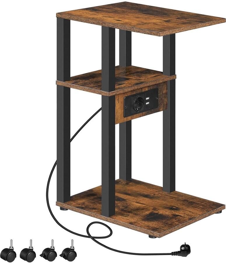Trankielo Compacte C-vormige Bijzettafel met Laadstation – Veelzijdige Salontafel – Vintage Bruin en Zwart – Ideaal voor Kleine Ruimtes