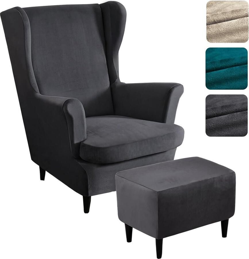 Trankielo Donkergrijze Fluweel Oorfauteuilhoes met Voetenbankhoes 3-delige set Elastische en Hoge Rugleuning Overtrek