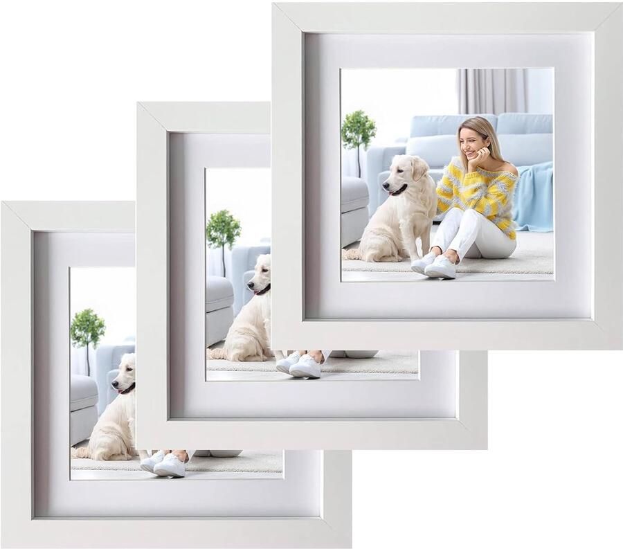 Trankielo – Elegante witte fotolijsten 20x20 cm – Set van 3 met onbreekbaar acrylglas – MDF houten frame – Veelzijdig voor wand & bureau decoratie