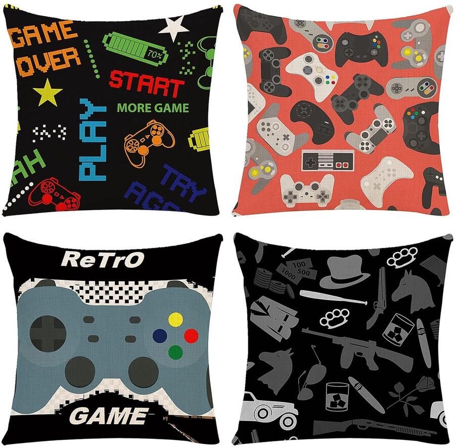 Trankielo – Gamer Kussenhoezen Set van 4 45x45 cm – Creatief Ontwerp voor Gaming Thema Evenementen – Geschikt voor Banken Stoelen en Feesten zoals Halloween en Kerstmis