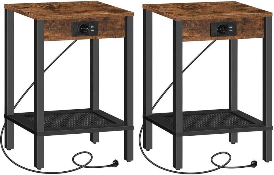 Trankielo Geavanceerde Bijzettafels met Ingebouwd Laadstation – Set van 2 – Vintage & Modern Ontwerp – Bruin en Zwart