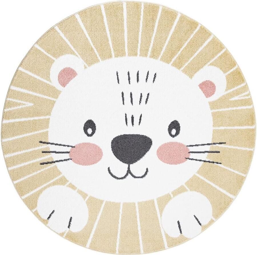 Trankielo Geel Ronde Vloerkleed met Leeuwmotief voor Kinderkamer Duurzaam en Onderhoudsvriendelijk 160 cm