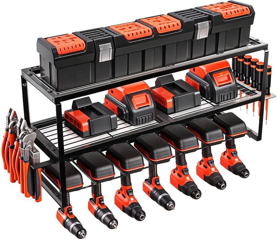 Trankielo Gereedschapsopslag Garage Wandrek Opbergorganizer voor Elektrisch Gereedschap en Boorhouder Robuust Wandgemonteerd Opbergrek Veelzijdige Gereedschapsplank en Laadstation