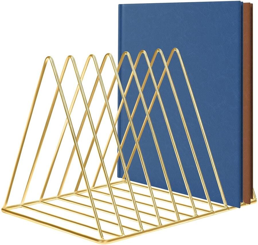 Trankielo Gouden Metaal Tijdschriftenhouder – 9-Vaks Driehoekige Bureau Organizer – Ideaal voor Huis Boekenplank Badkamer en Kantoor Opslag