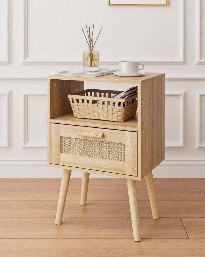 Trankielo Handgemaakt Rotan Nachtkastje met Opslag Houten Bijzettafel voor Slaapkamer