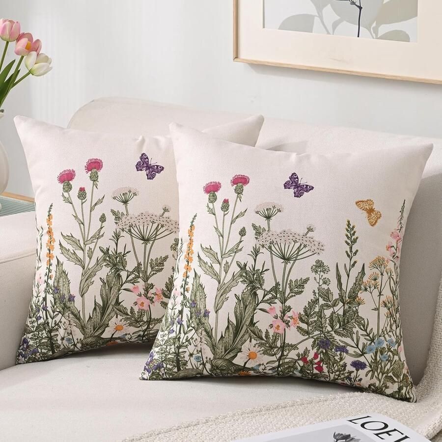 Trankielo – Hoogwaardige Linnen Kussenhoezen – Bloemendesign – 45x45 cm – Set van 2 – Waterbestendig – Geschikt voor Buiten – Groene Bladeren Design – Vierkant – Perfect voor Tuin en Bank