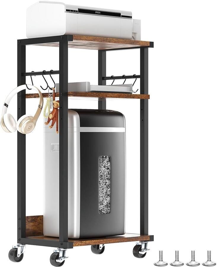 Trankielo Hoogwaardige Mobiele Printer Tafel – Verstelbare en Verrijdbare Office Organizer – 3 Planken 6 Haken – Rustiek Bruin