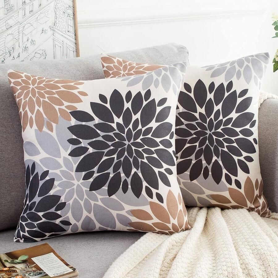 Trankielo – Hoogwaardige Set van 2 Linnen Kussenslopen Dahlia – 45x45cm – Bloemenprint – Bruin en Grijs – Perfect voor Bank Slaapkamer Auto