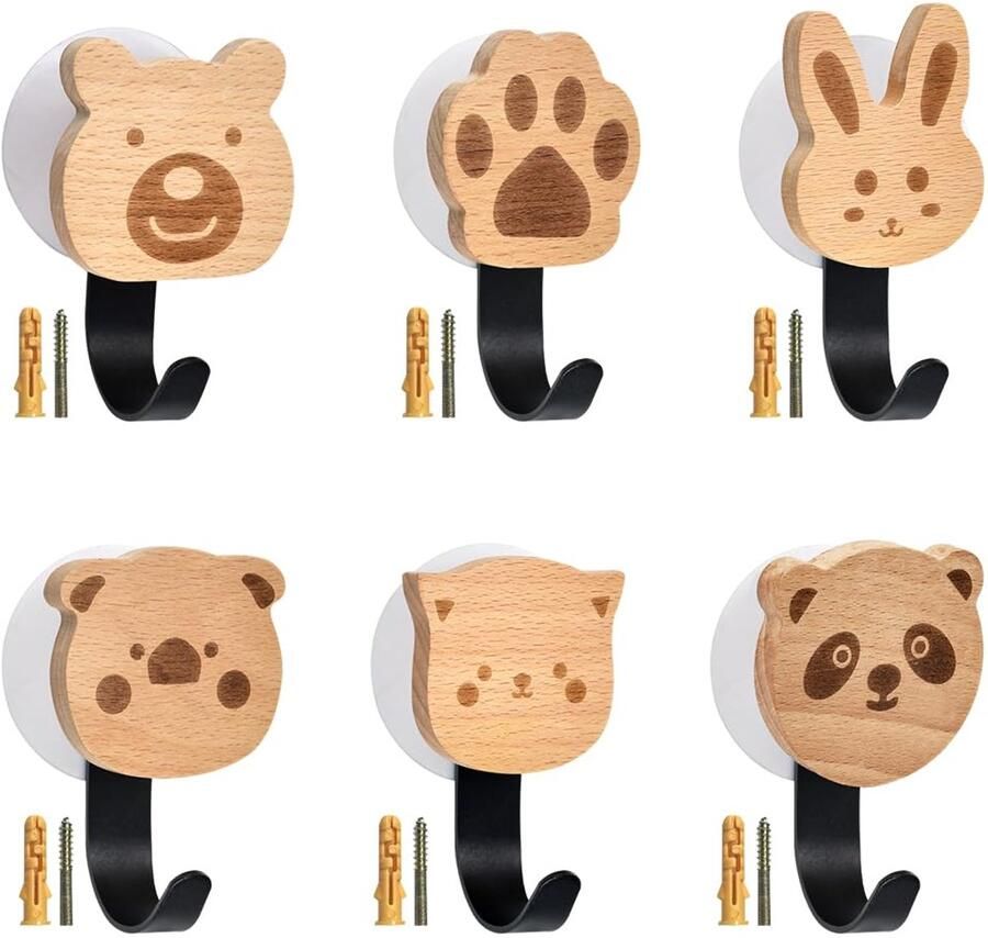 Boraboi Creatieve Zelfklevende Houten Wandhaken in Dierenvorm voor Kinderen en Volwassenen Set van 6 Stuks