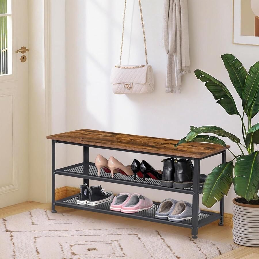 Trankielo Industrieel Design Schoenenrek met Zitruimte en 2 Rasterplanken Vintage Zwart-Bruin 100 x 38 x 45 cm