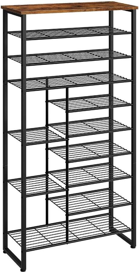 Trankielo Industrieel Schoenenrek met 10 Niveaus Ruimte voor 27-30 Paar Schoenen – Rustiek Bruin en Zwart