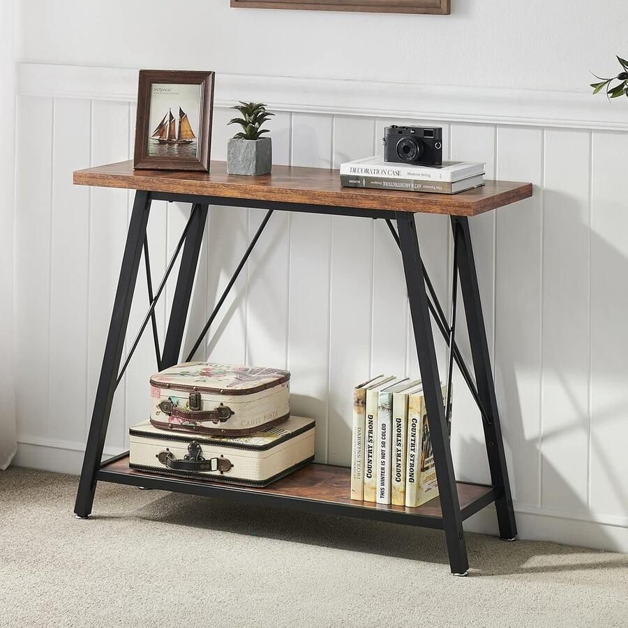 Trankielo Industriële Bankconsole Tafel – Met Opbergplanken – 90cm Smalle Foyer Tafel – Met Stalen Frame – Rustiek Bruin