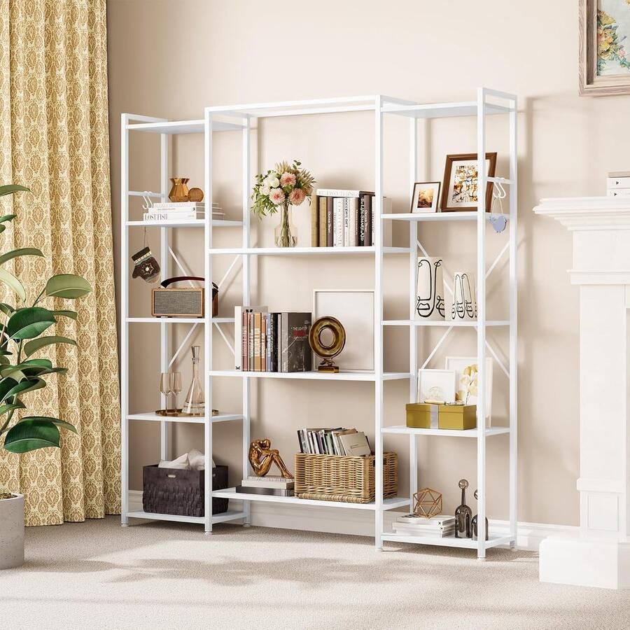 Trankielo Industriële Boekenkast met 13 Planken Hout en Metaal Zuiver Wit Perfect voor Woonkamer en Thuiskantoor