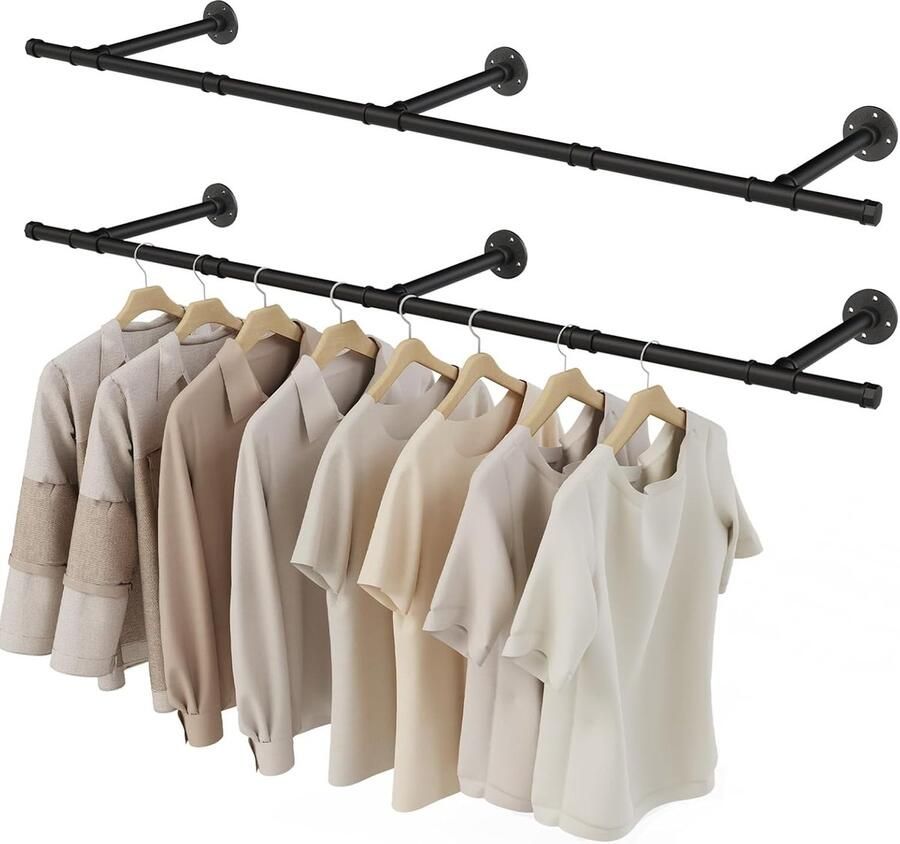 Trankielo Industriële Wandmontage Kledingstang Set van 2 150 cm Zwarte Ruimtebesparende Hangrek Voor Kleine Kamers