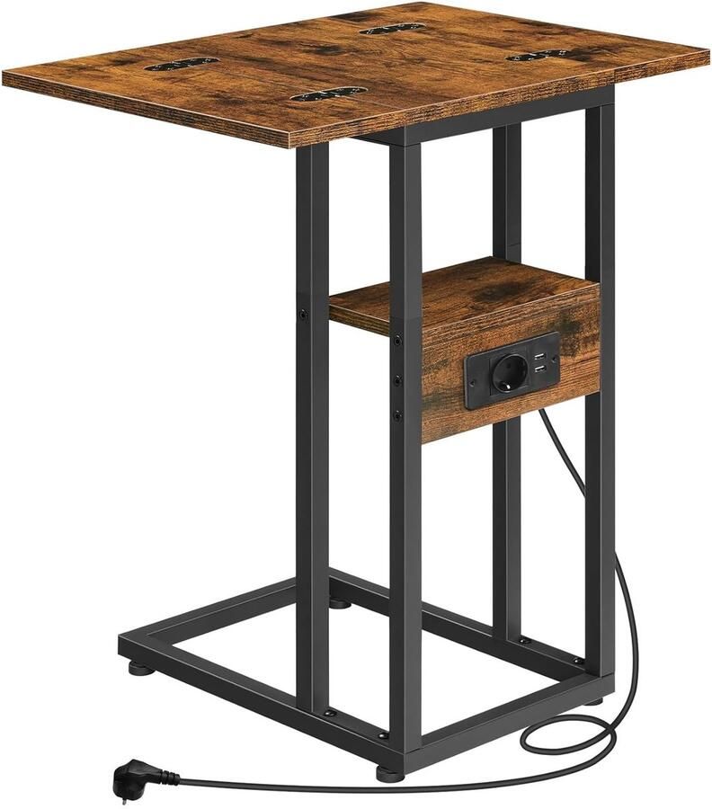 Trankielo Innovatieve Opklapbare Bijzettafel met Laadstation – Vintage Bruin en Zwart – C-Vormig Design – Multifunctioneel en Verrijkt Uw Woonruimte