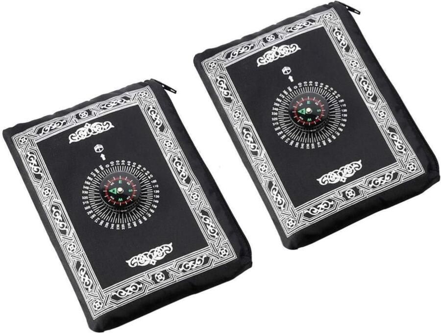 Trankielo Islamitisch Gebedstapijt met Kompas – Draagbaar en Opvouwbaar – Polyestervezel en Waterdicht Nylon – Zwart – Set van 2