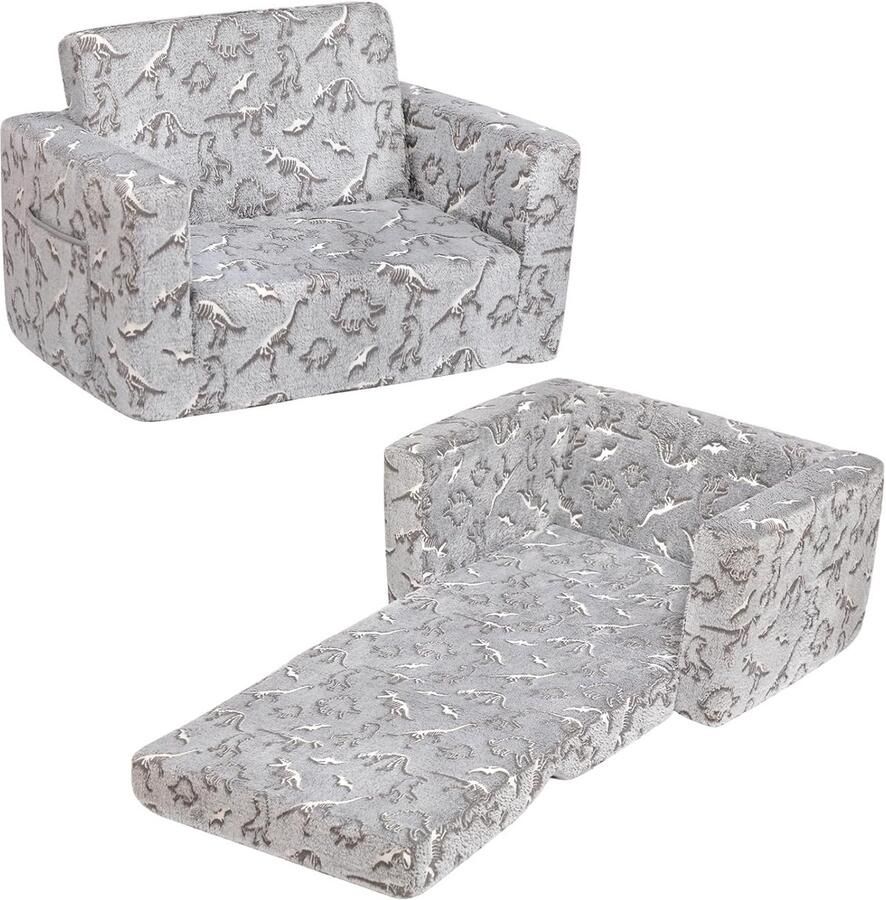 Trankielo Kinder Slaapbank 2-in-1 Uitklapbaar Design met Dino Print Flanel Kinderbankje Grijs