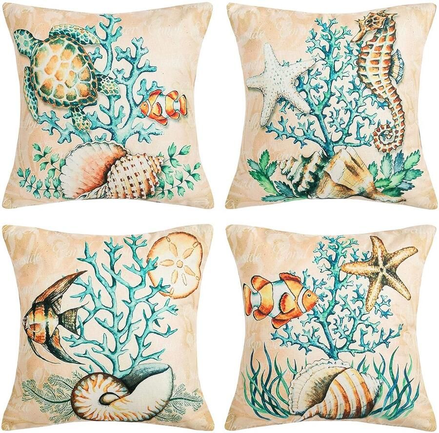 Trankielo – Kussenslopen Set van 4 – Zeeplanten en Dieren Design – Katoen Linnen – 45x45 cm – Beige – Decoratieve Bank Kussenhoes met Onzichtbare Ritssluiting