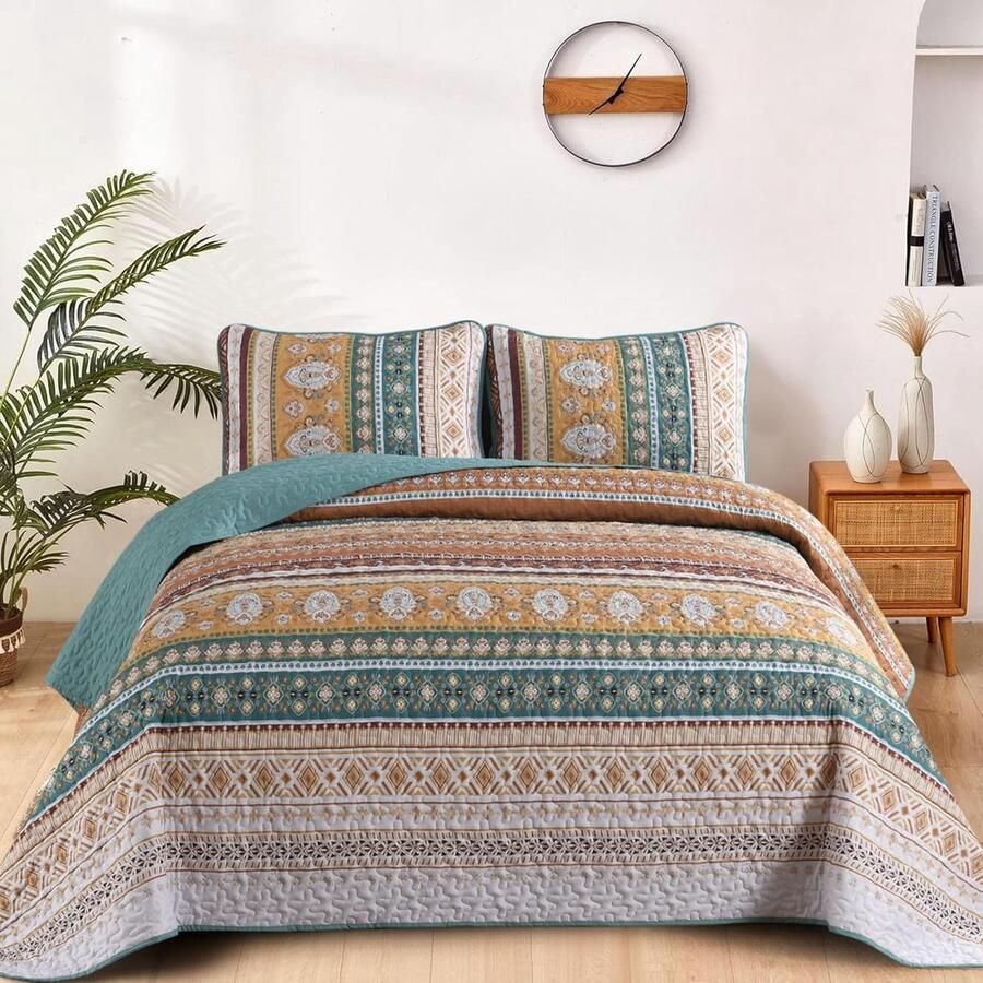 Trankielo Luxe Bohemian Sprei Set 220 x 240 cm Inclusief 2 Kussenslopen Groen Bruin Microvezel Multifunctioneel Tweepersoonsbed