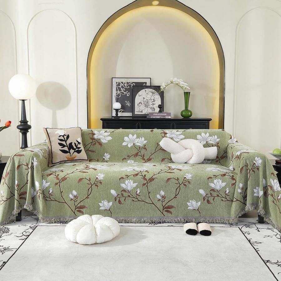 Trankielo Luxe Chenille Sofa Hoes 180340cm Groen Kapok Patroon met Fringes Dubbelzijdige Pluche Deken voor Grote Banken en Bedden