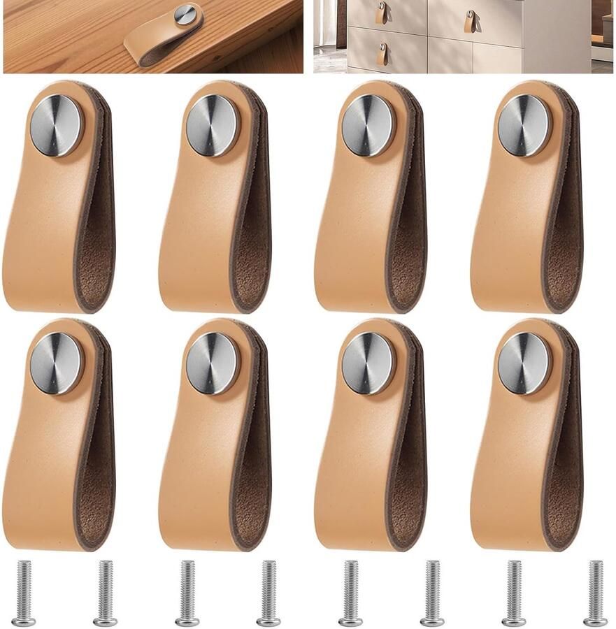 Trankielo – Luxe Lederen Meubelgrepen Beige 8 Stuks Vintage Stijl Voor Kasten Commodes Keuken en Badkamer