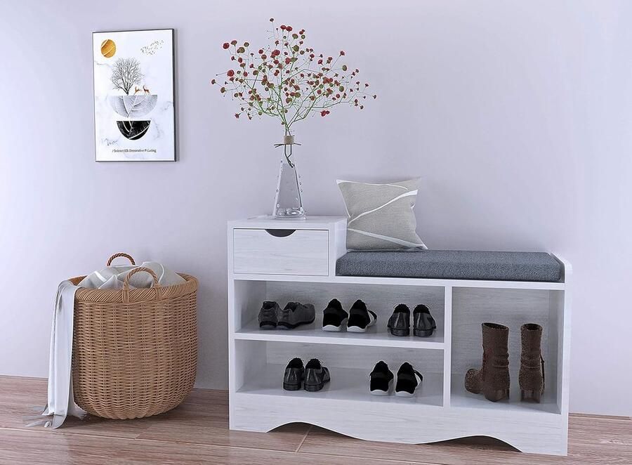 Trankielo Luxe Schoenenbank met Zitkussen Wit Grijs Ruimte voor 6-8 paar Schoenen Elegante Zitbank voor Entree of Hal