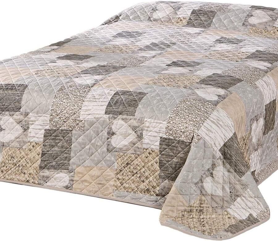 Trankielo – Luxe Sprei voor Tweepersoonsbed met Hartenontwerp – Patchwork – Bruin – 240x260 cm