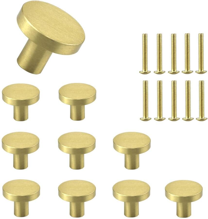 Trankielo Massief Messing Deurknoppen – Ronde Ladehandgrepen Set – 10 Stuks Metalen Trekhaken met Één Gat voor Kasten en Kledingkasten – 20 x 20 mm Goud