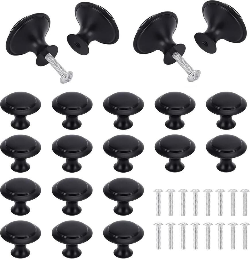 Trankielo – Matzwarte Ladeknop Set van 16 Stuks – Elegante Meubelknoppen met Schroeven – 30mm Ronde Deurknoppen voor Keuken Badkamer en Kasten