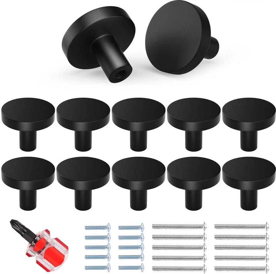 Trankielo – Matzwarte meubelgrepen – Set van 10 – Voor keuken kasten en laden – Inclusief twee types schroeven – Modern en Rond Design